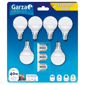 Garza Lighting, Juego de 6 Bombillas LED Esférica 6W, E14, 470 lúmenes, Luz Neutra + 3 Adaptadores