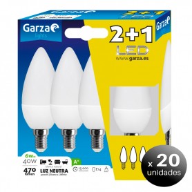 Pack de 20 unidades. Pack 2+1 bombillas Garza LED vela, 6 W, casquillo E14, 220º, 470 lúmenes, Luz neutra