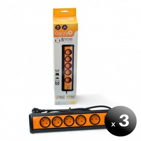 Pack de 3 unidades. Garza Home Power, Regleta/Ladrón/Base Múltiple 5 Tomas Schuko + 2 Conexiones USB con Interruptor, Color Naranja