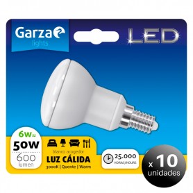 Pack de 10 unidades.  Garza Lighting, Bombilla LED Reflectora R50, 6 W, E14, 110º, 600 lúmenes, Luz Cálida.