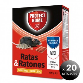Pack de 20 unidades. Protect Home, Raticida en Cereal de Alta Eficacia para Matar Ratas y Ratones, 3 dosis de 50 grs.