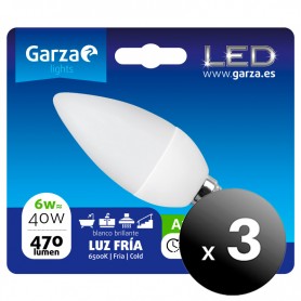 Pack de 3 unidades. Garza Lighting, Bombilla LED Vela 6W, E14, 220º, 470 Lm, 6500 K, Luz Fría