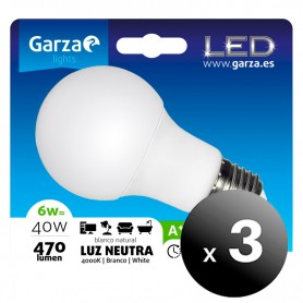 Pack de 3 unidades. Garza Lighting, Bombilla LED Standard 6W, E27, 240º, 470 Lm, 4000 K, Luz Neutra