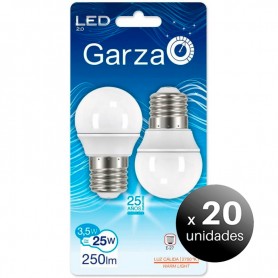 Pack de 20 unidades. Garza Lighting, Pack de 2 bombillas LED esféricas, E27, 3.5W, 250 lúmenes, 2700K, Luz Cálida