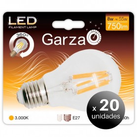 Pack de 20 unidades. Bombilla LED Garza filamento estándar 9 W, E27, 360º, 1060 lúmenes, Luz cálida