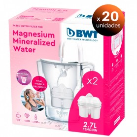 Pack de 20 unidades. BWT Jarra Electrónica 2,7 litros Blanca Sweet Aubergine, Filtradora de agua con Magnesio + Pack 2 filtros