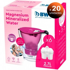 Pack de 20 unidades. Jarra Electrónica 2,7 litros BWT Penguin Violeta filtradora de agua con Magnesio + Pack 6 filtros