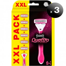 Pack de 3 unidades. Wilkinson Sword Quattro for Women, Pack XXL 1 Cuchilla de Depilación Mujer + 6 Recambios de Cuchillas, Color Rosa