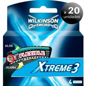 Pack de 20 unidades. Wilkinson Sword Xtreme 3, Cargador 4 Cuchillas de 3 Hojas Flexibles Inclinadas + Banda Lubricante Aloe y Jojoba