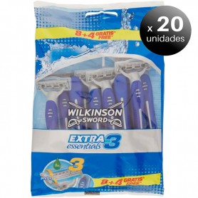 Pack de 20 unidades. Wilkinson Sword, Maquinilla de Afeitar Desechable Extra 3 Essentials de 3 Cuchillas para Hombre – 8 cuchillas + 4 de regalo