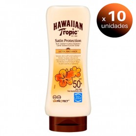 Pack de 10 unidades. Hawaiian Tropic Satin Protection Ultra Radiance, SPF 50+, Fragancia Frutas Tropicales, 180 ml