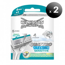 Pack de 2 unidades. Wilkinson Sword Quattro Titanium Sensitive, Cargador de 5 Recambios de Cuchillas de Afeitar para Hombre de 4 Hojas de Titanio
