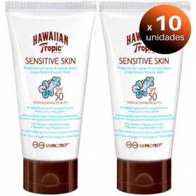 Pack de 10 unidades. Pack de 2 Lociones Solares Hawaiian Tropic Sensitive Skin, Protectora Pieles Sensibles SPF 50, 90 ml + 90 ml