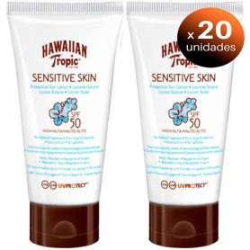 Pack de 20 unidades. Pack de 2 Lociones Solares Hawaiian Tropic Sensitive Skin, Protectora Pieles Sensibles SPF 50, 90 ml + 90 ml