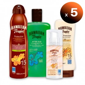 Pack de 5 unidades. Pack Hawaiian Tropic con Aceite Seco Bruma + Crema Satin Ultra Radiance + Crema Solar Silk Hydration + Gel Aloe Vera Aftersun