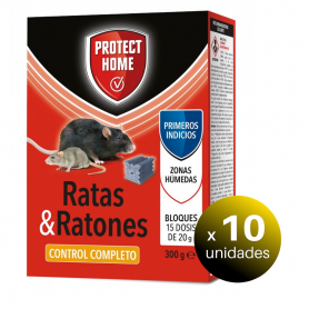 Pack de 10 Unidades.Raticida Protect Home en Bloques Brodifacoum de Alta Eficacia, mata Ratas y Ratones, 15 dosis de 20 grs. 