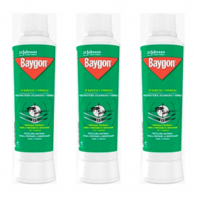 Pack de 3 Unidades.Baygon de SC Johnson, Insecticida Polvo Efecto Barrera contra Rastreros, Cucarachas y Hormigas, 250 grs. 