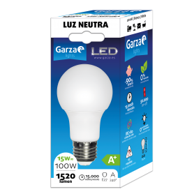 Garza Lighting, Bombilla LED Standard 15W, E27, 240º, 1520 lúmenes, 4000 K, Luz Neutra