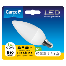 Garza Lighting, Bombilla LED Vela 8W, E14, 220º, 810 Lm, 3000 K, Luz Cálida