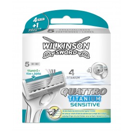 Wilkinson Sword Quattro Titanium Sensitive, Cargador de 5 Recambios de Cuchillas de Afeitar para Hombre de 4 Hojas de Titanio