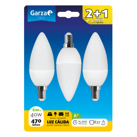 Garza Lighting, Blister de 3 Bombillas LED vela 6 W, casquillo E14, 220º, 470 lúmenes, Luz Cálida