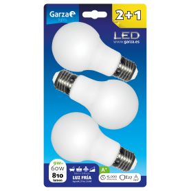 Bombilla LED estándar 9W, casquillo E27 240º 810 lumenes, Luz fría Blister 2+1