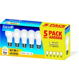  Garza Lighting, Pack Ahorro de 5 Bombillas LED Standard 9W, E27, 240º, 810 lúmenes, 6500 K, Luz Fría.