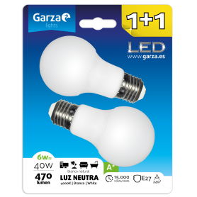  Garza Lighting, Blister de 2 Bombillas LED Standard, 6W, E27, 240º, 470 lúmenes, Luz Neutra