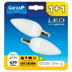 Bombilla Garza LED vela 6 W (equivale a 40 W), casquillo E14, 220º, 470 lúmenes, luz cálida, Blister 1+1