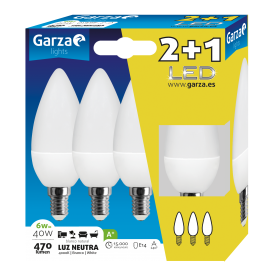 Pack 2+1 bombillas Garza LED vela, 6 W, casquillo E14, 220º, 470 lúmenes, Luz neutra