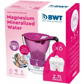 BWT - BWT - Jarra filtradora de agua electrónica 2,7L + 6 Filtros con magnesio - Jarra Penguin Violeta contador electrónico + 6 filtros para seis meses - Reduce cloro, cal e impurezas